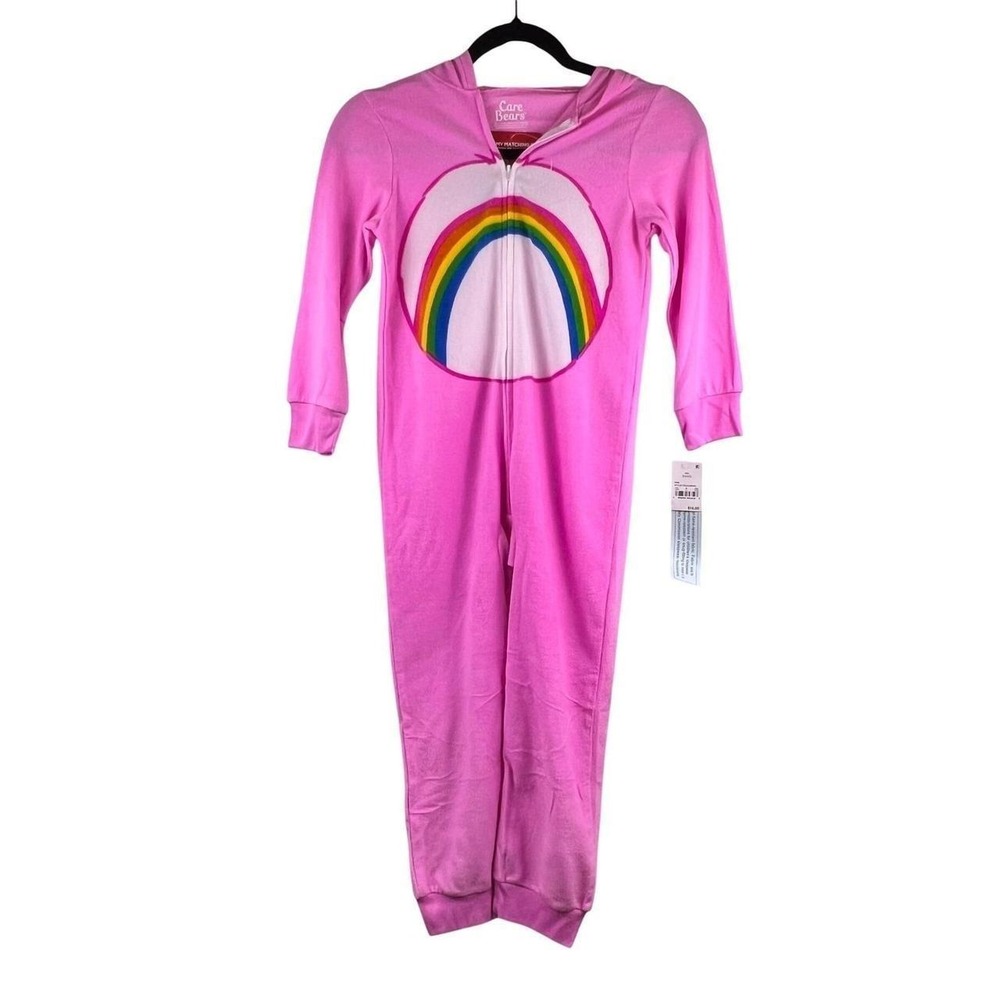 Care Bears Cheer Bear Pink Hooded Union Suit One Piece Pajamas Kids Size M 8 NEW